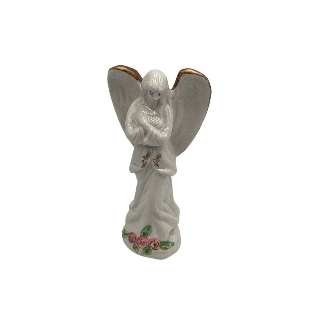 Vintage Greenbrier Porcelain‎ Angel Figurine Gold Trim Pink Roses 6"